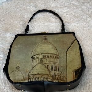SOURE BAG NRW YORK VINTAGE Elegant Black and Beige Dome Print Handbag